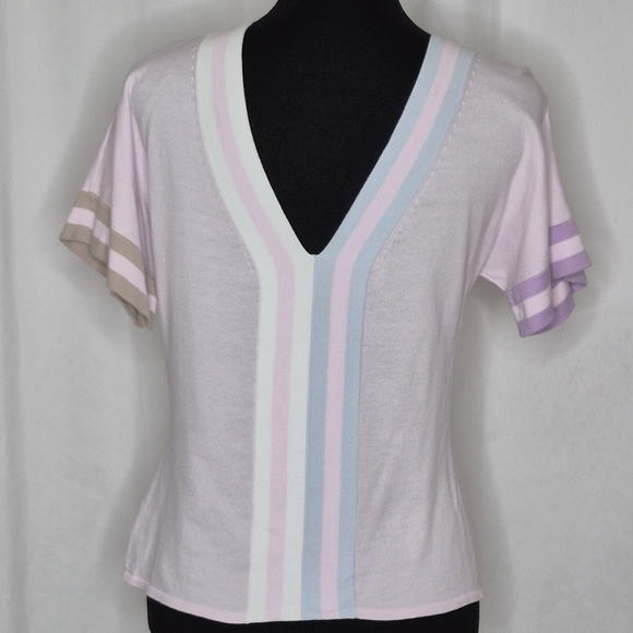 Cotton by Autumn Cashmere Deep V-Neck Short Sleeve Striped Pastel Top - Size L - Picture 4 of 9